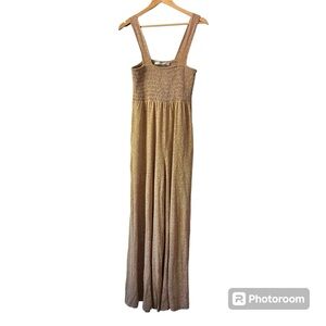 Free People Beach Jumpsuit Smocking Size Small‎ Orange Brown Linen Blend